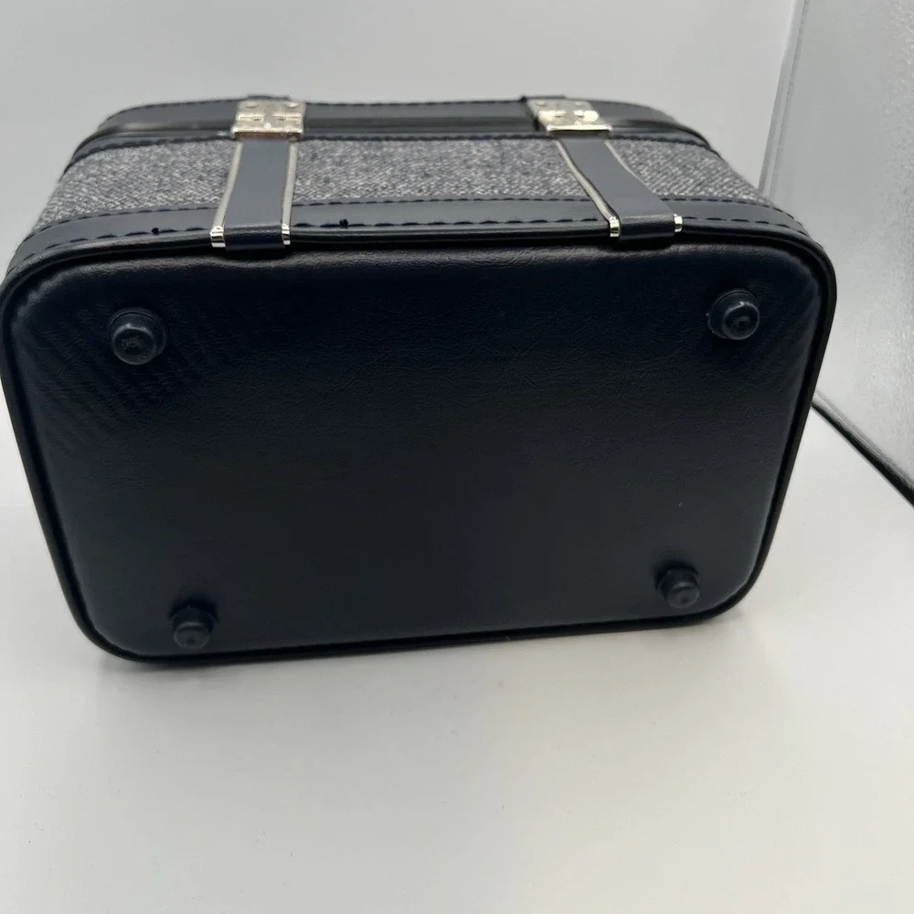 Blue Tweed Cloth Vanity Train Travel Case Inside Tray Pop-up Mirror